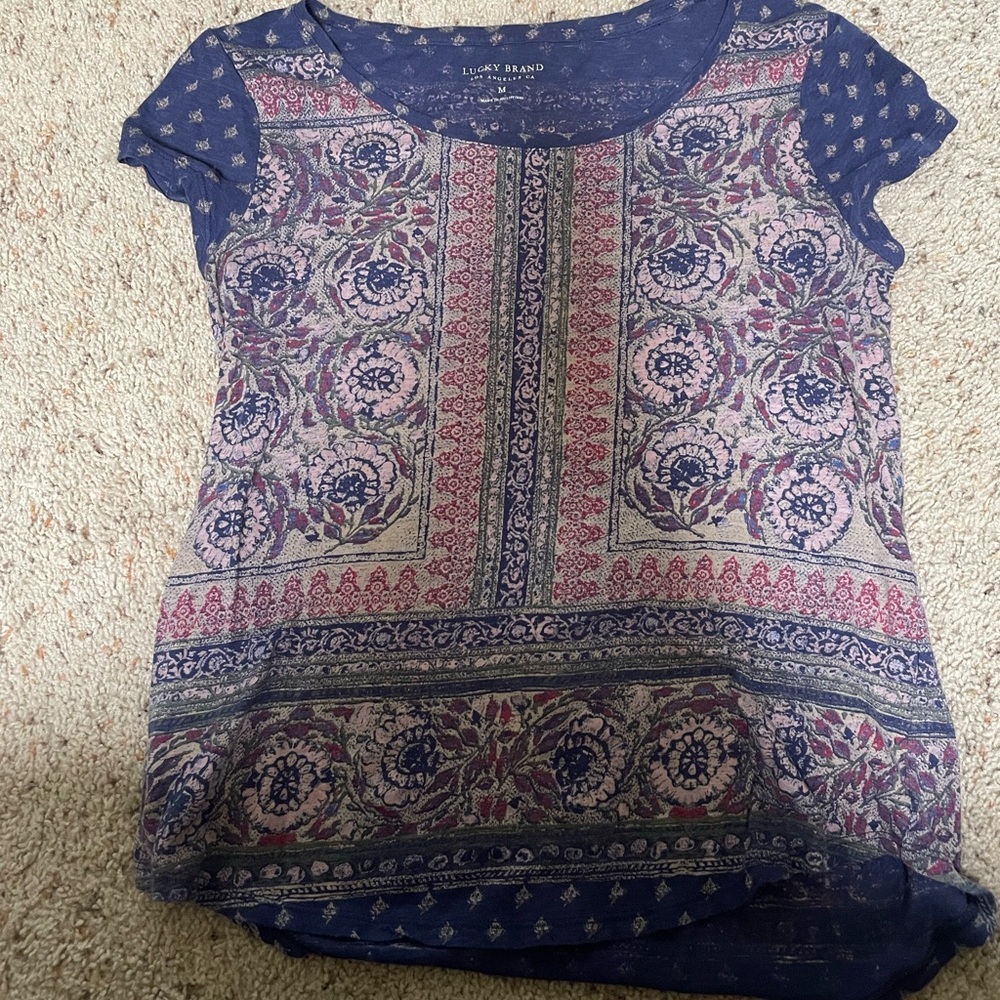 Lucky Brand Shirt Womens Small Blue Pink Green Top Casual Ladies